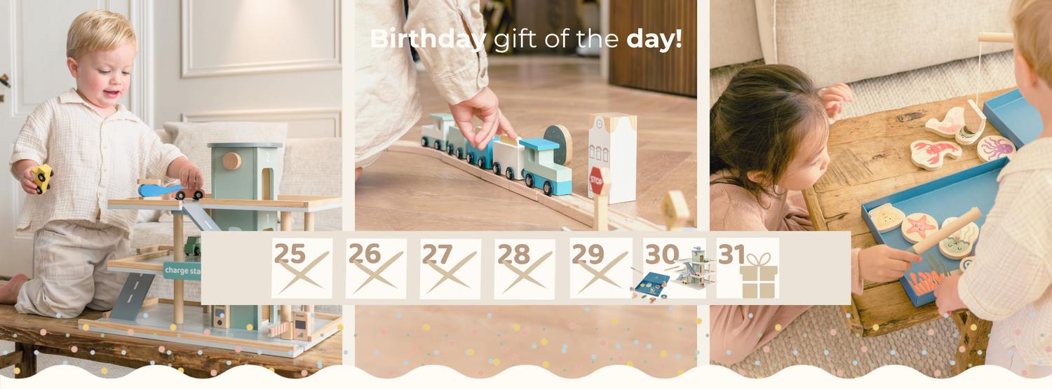 A three-part collage showing children playing with Babiem wooden toys: the Noah play garage, the Felix train set, and the Emma fishing game. The toys feature soft pastel colors like sage green and light blue. Across the center is a banner showing the dates March 25th through 31st; the 30th features the toys, and the 31st is marked with a gift box icon under the text "Birthday gift of the day!".