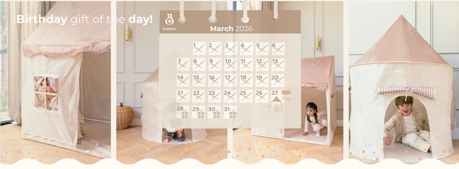 A collage of four photos featuring children happily playing in the 'Omar' and 'Alice' play tents by Babiem. The tents are designed in neutral beige and soft pink tones. In the center, a March 2026 calendar is displayed with the text "Birthday gift of the day!", where the final days of the month are marked with small gift icons.
