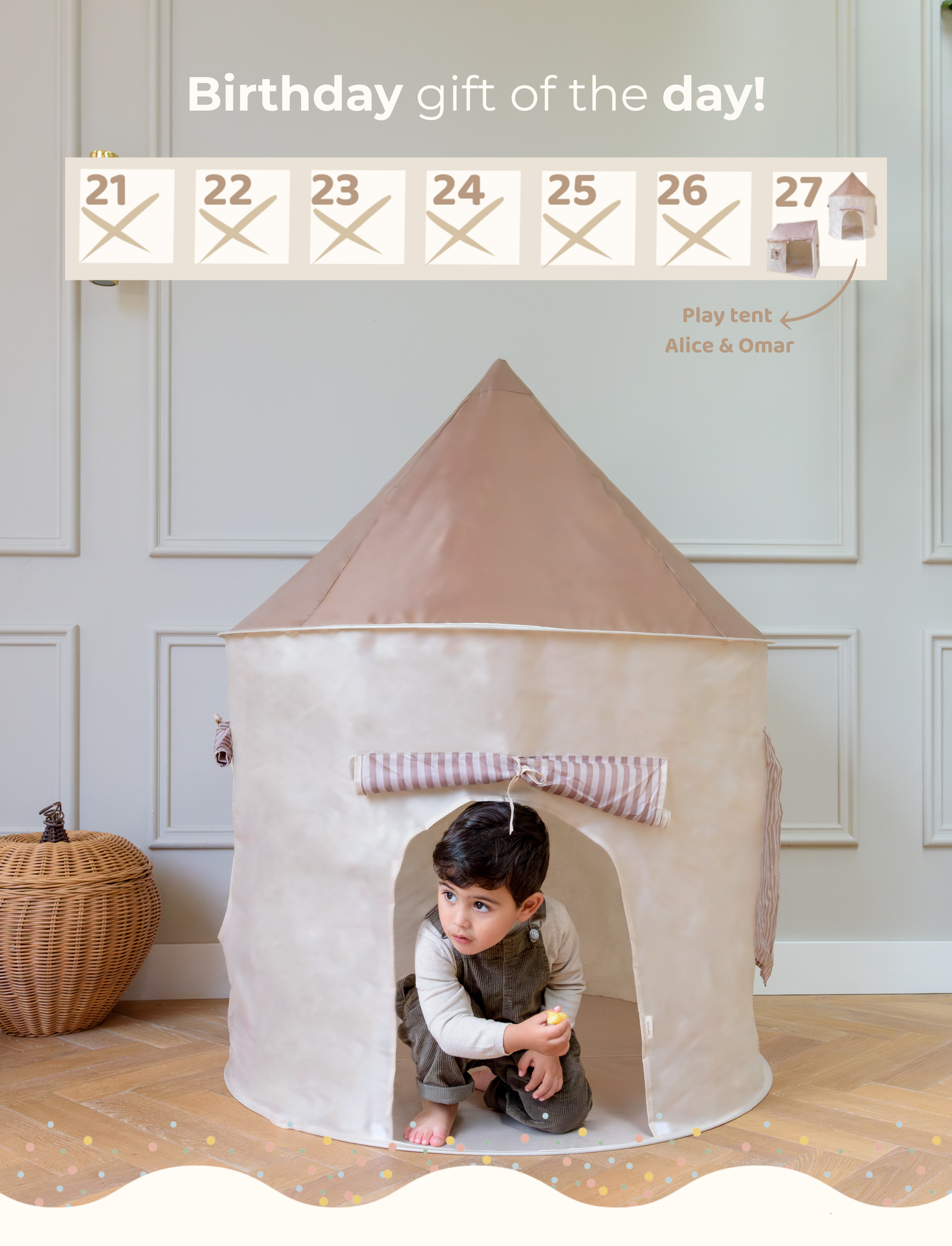 A collage of four photos featuring children happily playing in the 'Omar' and 'Alice' play tents by Babiem. The tents are designed in neutral beige and soft pink tones. In the center, a March 2026 calendar is displayed with the text "Birthday gift of the day!", where the final days of the month are marked with small gift icons.
