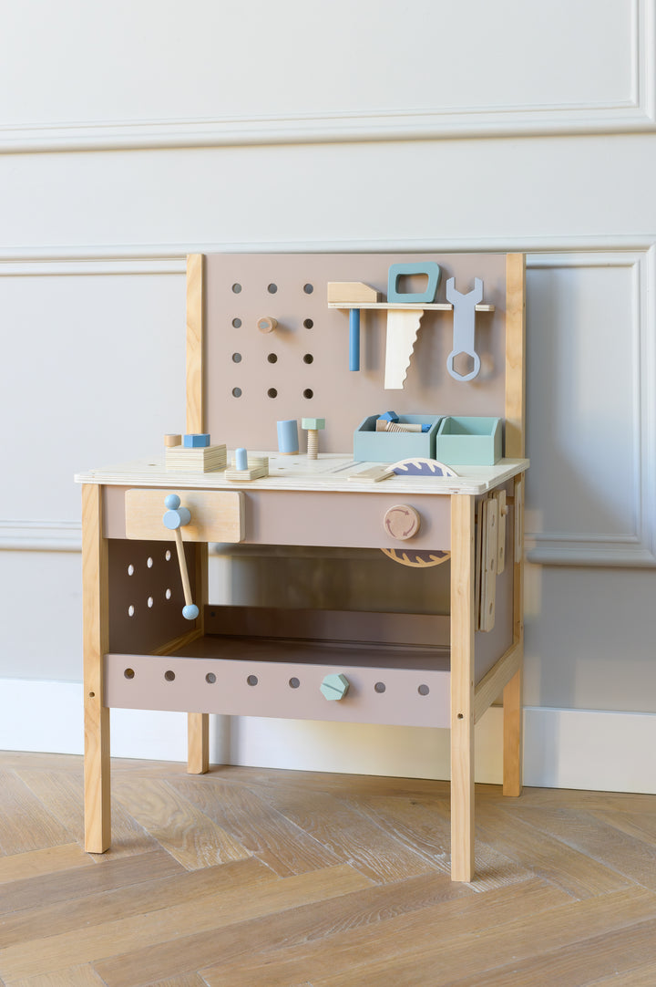 Front view of the wooden Babiem toolbench Thomas toy with tools for kids