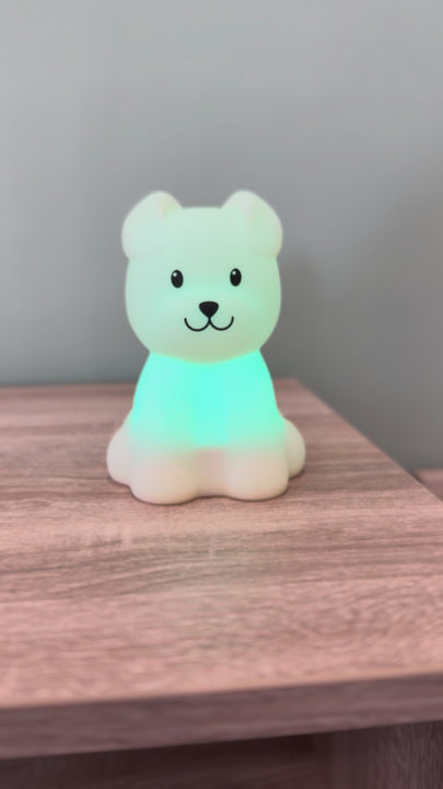 Video of the dog night light Bibi slowly changing colors with a smooth gradient effect.